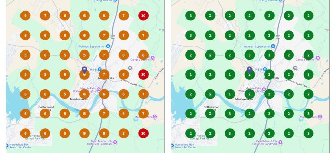 Geo-grid comparison showing HVAC Google Maps visibility improving from orange to green across a 10-mile service area
